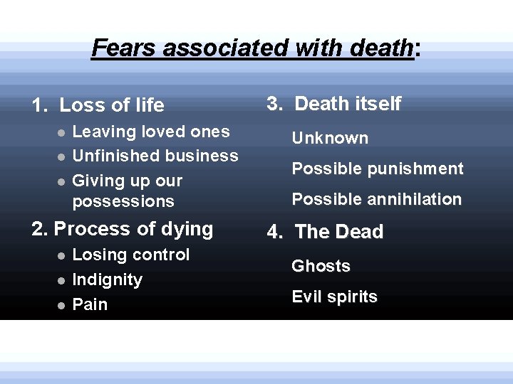 Fears associated with death: 1. Loss of life Leaving loved ones Unfinished business Giving