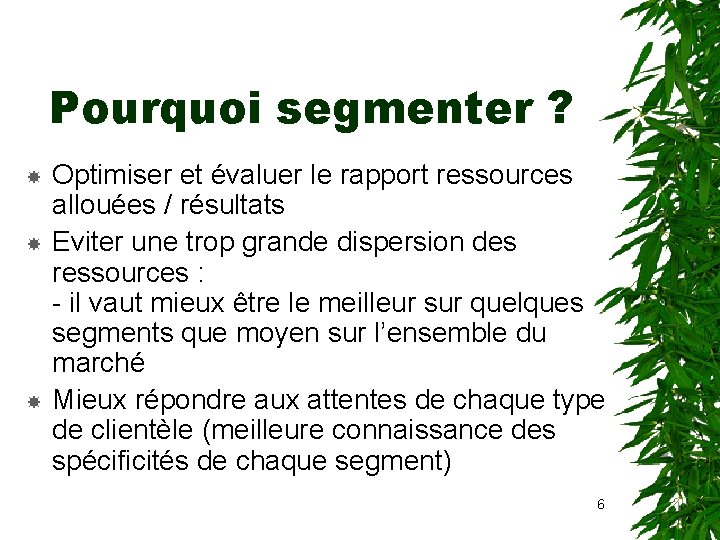 Pourquoi segmenter ? Optimiser et évaluer le rapport ressources allouées / résultats Eviter une