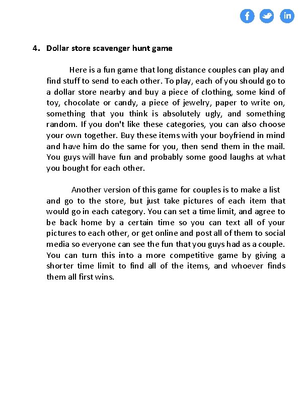 4. Dollar store scavenger hunt game Here is a fun game that long distance