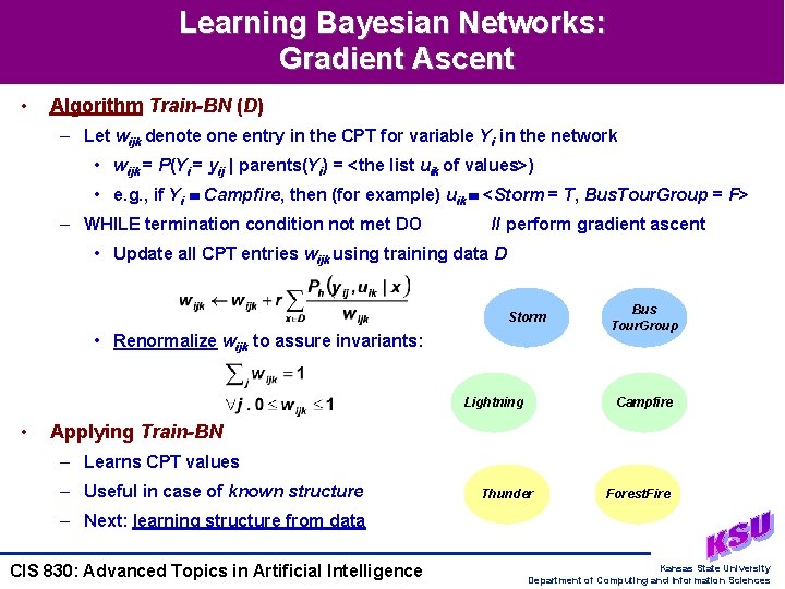 Learning Bayesian Networks: Gradient Ascent • Algorithm Train-BN (D) – Let wijk denote one