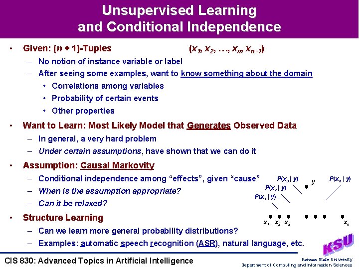 Unsupervised Learning and Conditional Independence • Given: (n + 1)-Tuples (x 1, x 2,