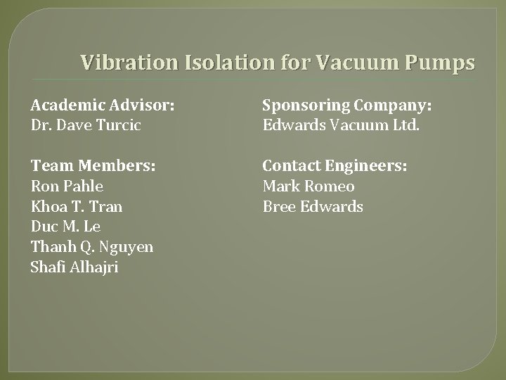 Vibration Isolation for Vacuum Pumps Academic Advisor: Dr. Dave Turcic Sponsoring Company: Edwards Vacuum