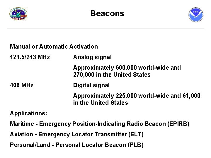 Beacons Manual or Automatic Activation 121. 5/243 MHz Analog signal Approximately 600, 000 world-wide