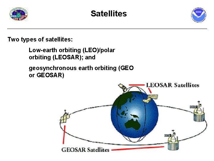 Satellites Two types of satellites: Low-earth orbiting (LEO)/polar orbiting (LEOSAR); and geosynchronous earth orbiting
