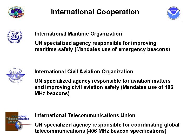 International Cooperation International Maritime Organization UN specialized agency responsible for improving maritime safety (Mandates