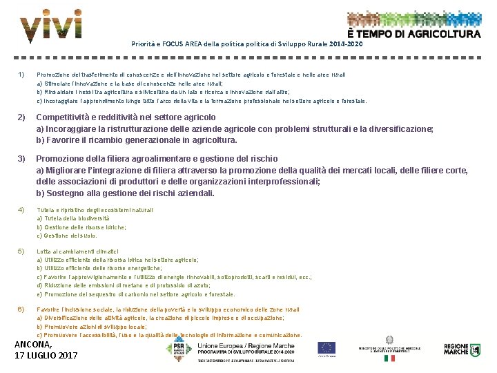 Priorità e FOCUS AREA della politica di Sviluppo Rurale 2014 -2020 1) Promozione del Priorità e FOCUS AREA della politica di Sviluppo Rurale 2014 -2020 1) Promozione del