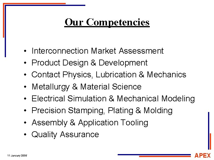 Our Competencies • • 11 January 2005 Interconnection Market Assessment Product Design & Development