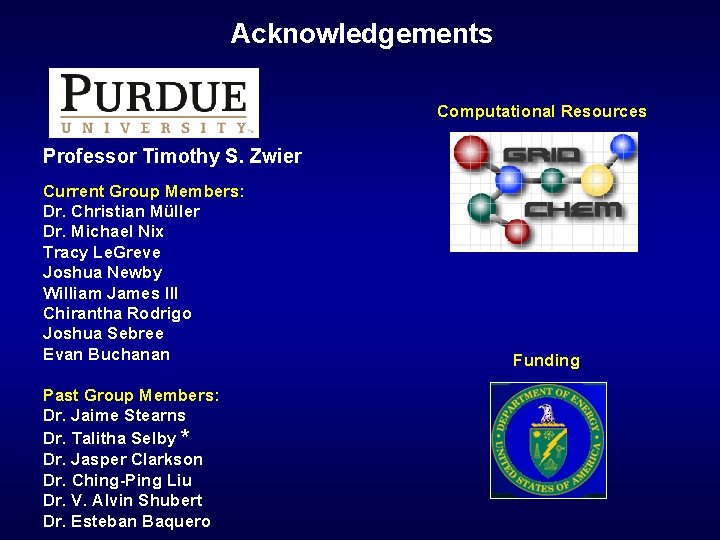 Acknowledgements Computational Resources Professor Timothy S. Zwier Current Group Members: Dr. Christian Müller Dr.