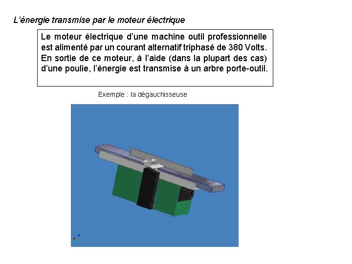 L’énergie transmise par le moteur électrique Le moteur électrique d’une machine outil professionnelle est