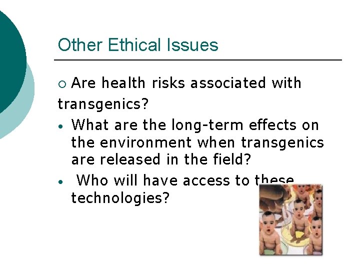 Other Ethical Issues Are health risks associated with transgenics? • What are the long-term