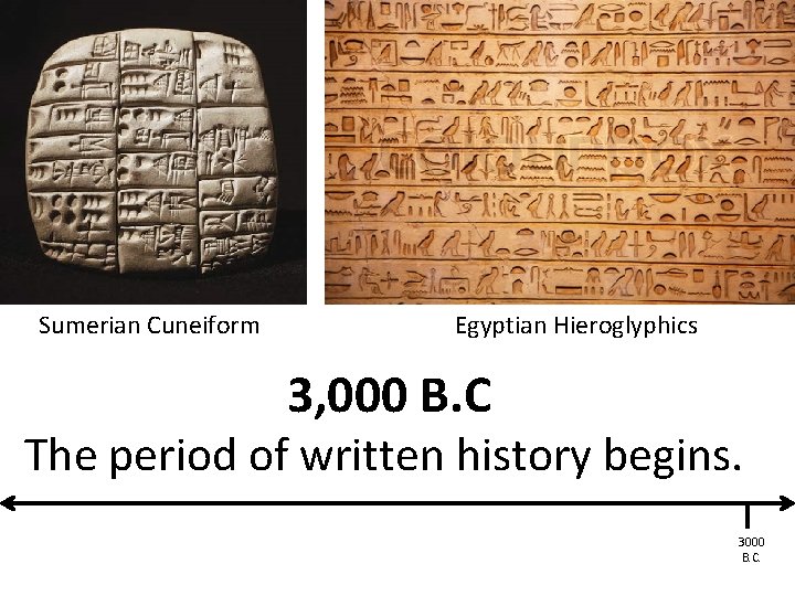 Sumerian Cuneiform Egyptian Hieroglyphics 3, 000 B. C The period of written history begins.