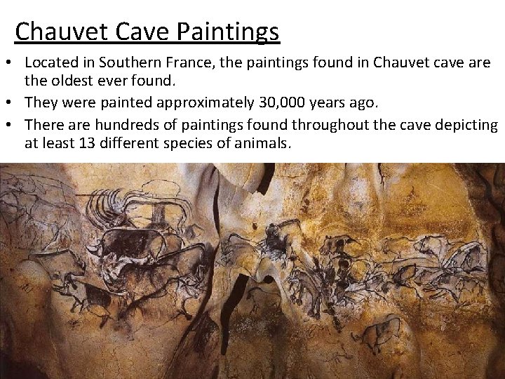 Chauvet Cave Paintings • Located in Southern France, the paintings found in Chauvet cave