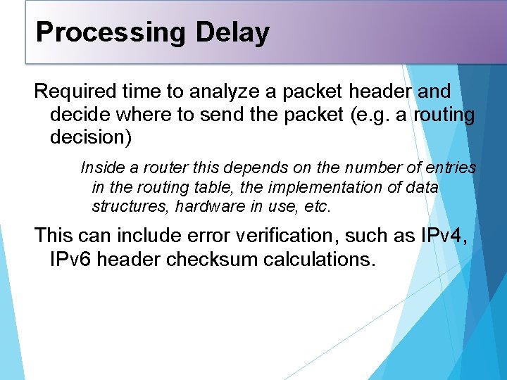 Processing Delay Required time to analyze a packet header and decide where to send
