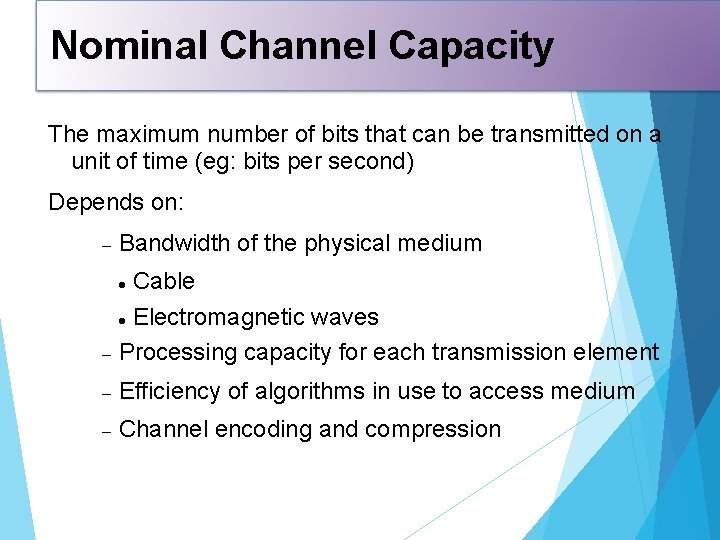 Nominal Channel Capacity The maximum number of bits that can be transmitted on a