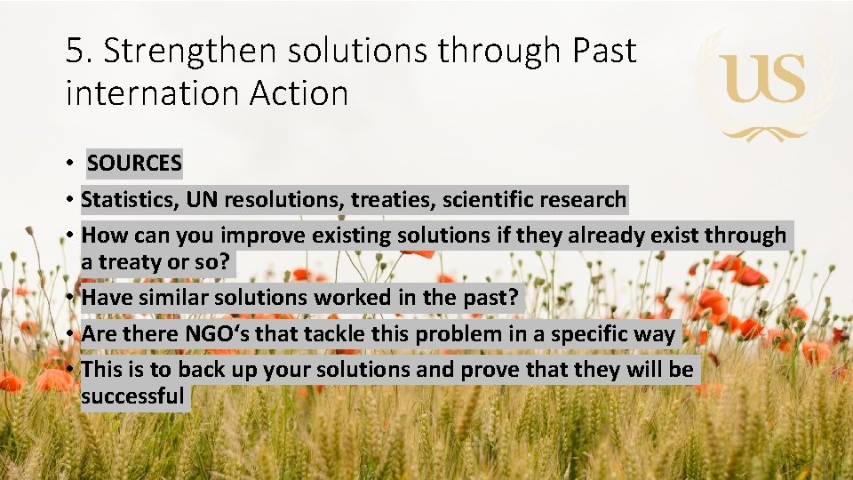 5. Strengthen solutions through Past internation Action • SOURCES • Statistics, UN resolutions, treaties,