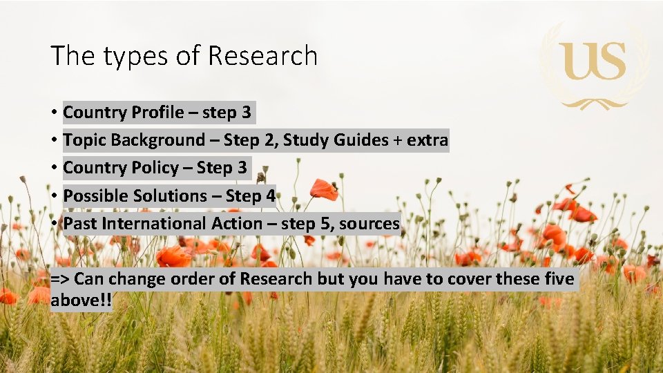 The types of Research • Country Profile – step 3 • Topic Background –
