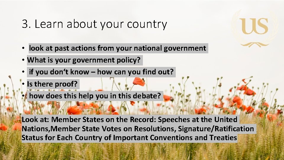 3. Learn about your country • look at past actions from your national government