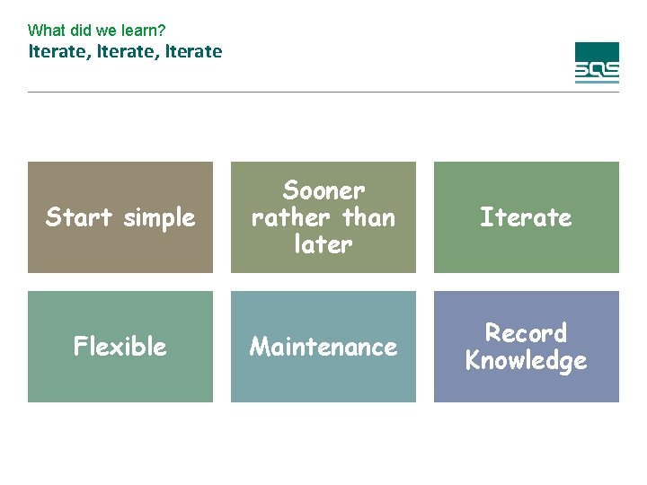 What did we learn? Iterate, Iterate Start simple Flexible Sooner rather than later Iterate