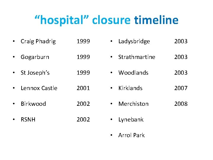 “hospital” closure timeline • Craig Phadrig 1999 • Ladysbridge 2003 • Gogarburn 1999 •