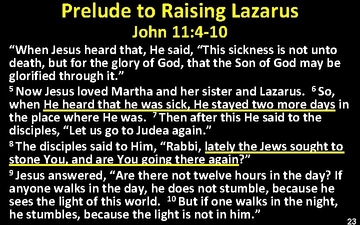 Prelude to Raising Lazarus John 11: 4 -10 “When Jesus heard that, He said,