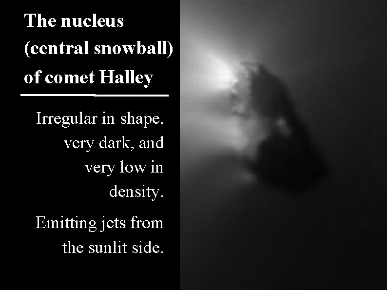 The nucleus (central snowball) of comet Halley Irregular in shape, very dark, and very