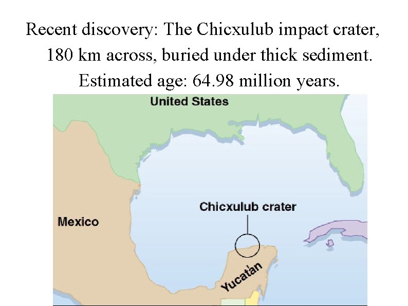 Recent discovery: The Chicxulub impact crater, 180 km across, buried under thick sediment. Estimated