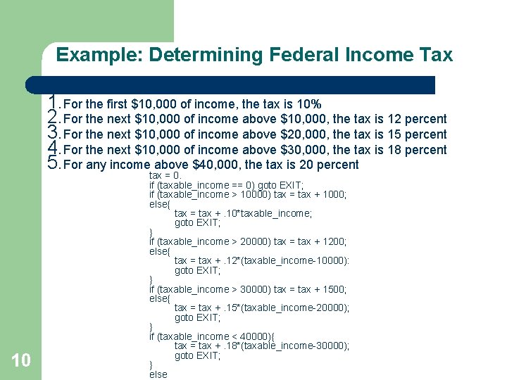 Example: Determining Federal Income Tax 1. For the first $10, 000 of income, the