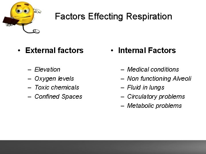 Factors Effecting Respiration • External factors – – Elevation Oxygen levels Toxic chemicals Confined