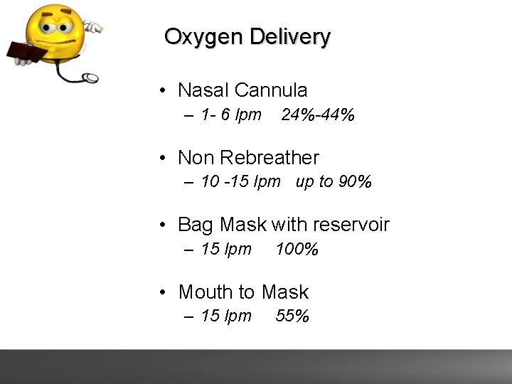 Oxygen Delivery • Nasal Cannula – 1 - 6 lpm 24%-44% • Non Rebreather