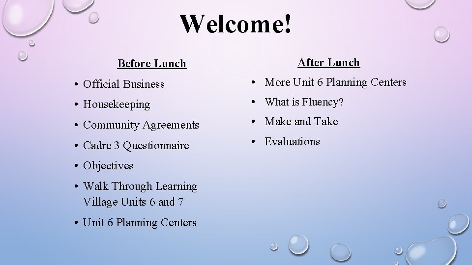 Welcome! Before Lunch After Lunch • Official Business • More Unit 6 Planning Centers