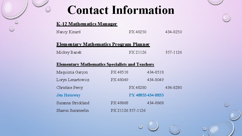 Contact Information K-12 Mathematics Manager Nancy Kinard PX 48250 434 -8250 Elementary Mathematics Program