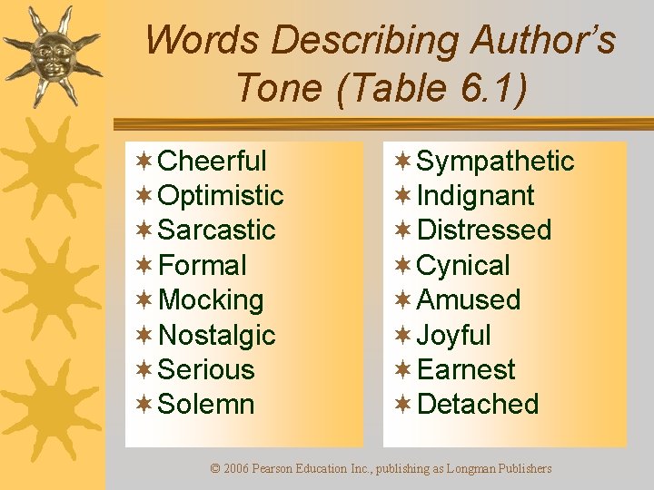 Words Describing Author’s Tone (Table 6. 1) ¬Cheerful ¬Optimistic ¬Sarcastic ¬Formal ¬Mocking ¬Nostalgic ¬Serious