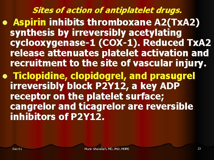 Sites of action of antiplatelet drugs. Aspirin inhibits thromboxane A 2(Tx. A 2) synthesis