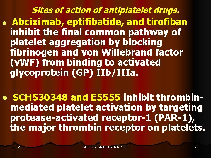 Sites of action of antiplatelet drugs. l l Abciximab, eptifibatide, and tirofiban inhibit the