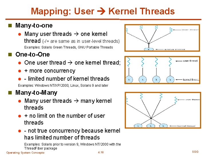 Mapping: User Kernel Threads n Many-to-one l Many user threads one kernel thread (-/+