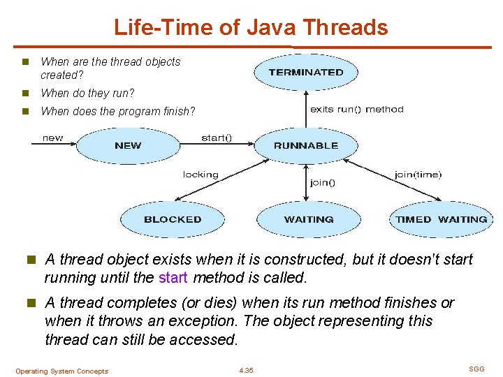 Life-Time of Java Threads n When are thread objects created? n When do they