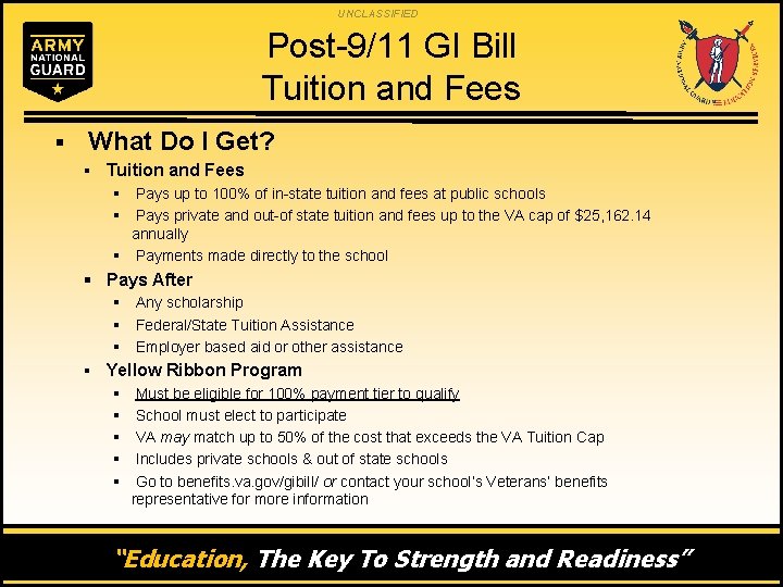 UNCLASSIFIED Post-9/11 GI Bill Tuition and Fees § What Do I Get? § Tuition