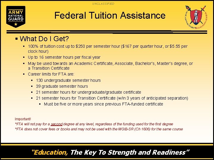 UNCLASSIFIED Federal Tuition Assistance § What Do I Get? § 100% of tuition cost