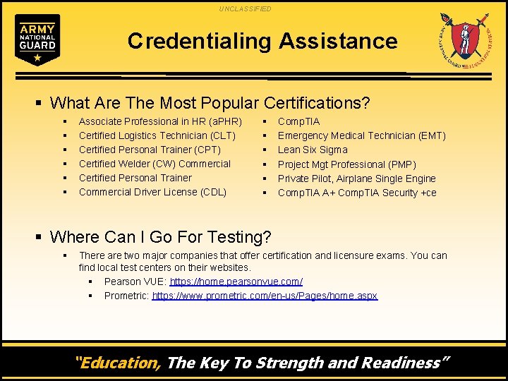 UNCLASSIFIED Credentialing Assistance § What Are The Most Popular Certifications? § § § Associate