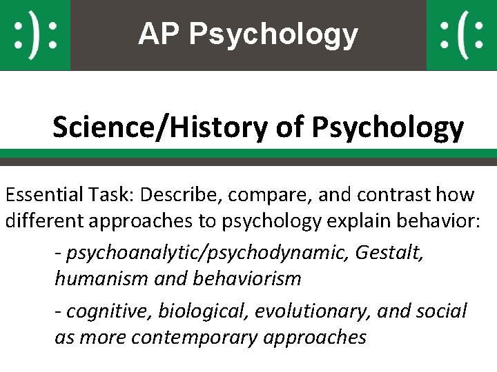 AP Psychology Science/History of Psychology Essential Task: Describe, compare, and contrast how different approaches