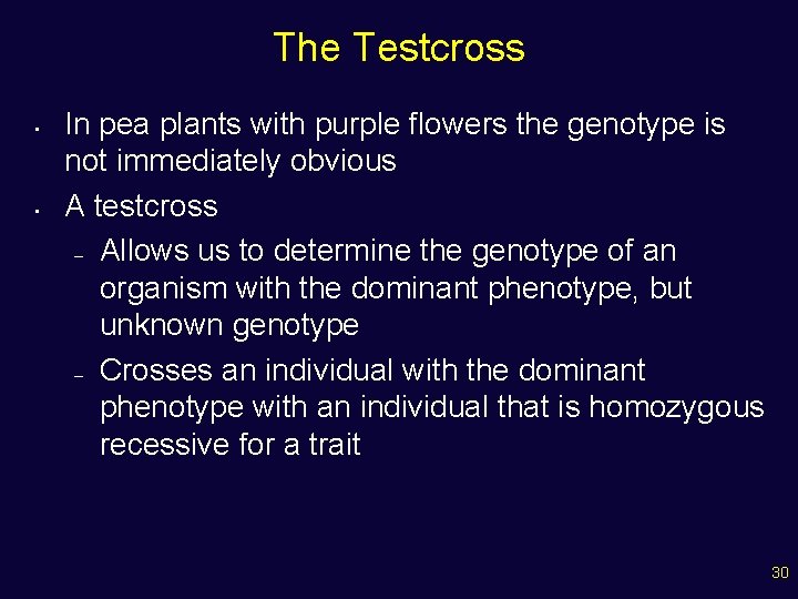 The Testcross • • In pea plants with purple flowers the genotype is not