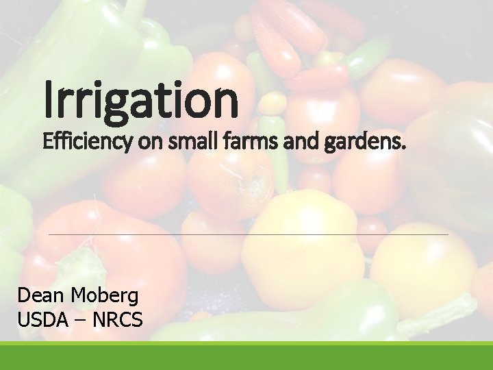 Irrigation Efficiency on small farms and gardens. Dean Moberg USDA – NRCS 