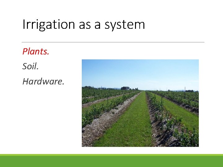 Irrigation as a system Plants. Soil. Hardware. 