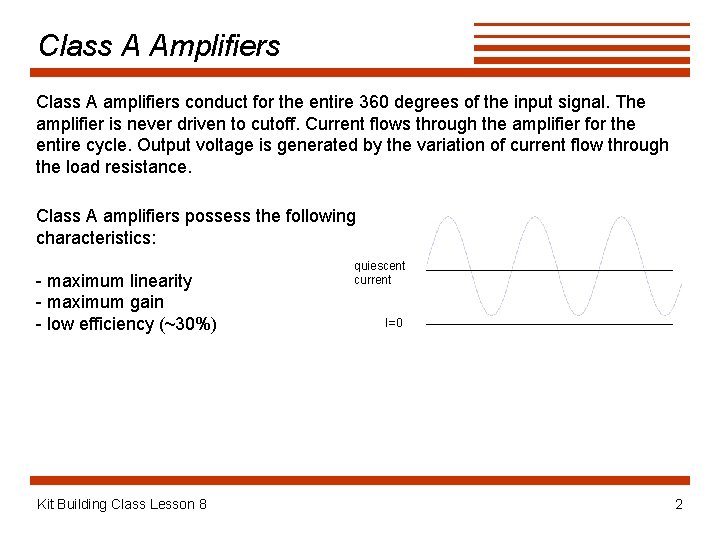 Class A Amplifiers Class A amplifiers conduct for the entire 360 degrees of the