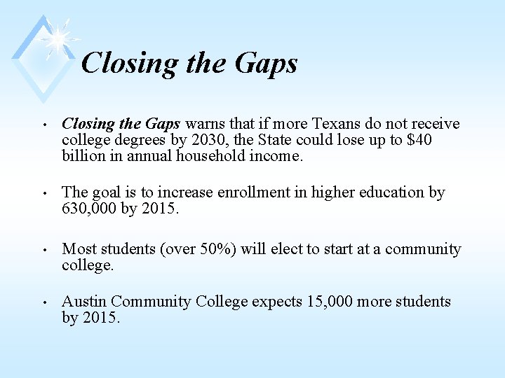 Closing the Gaps • Closing the Gaps warns that if more Texans do not