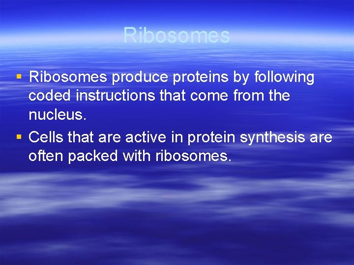 Ribosomes § Ribosomes produce proteins by following coded instructions that come from the nucleus.