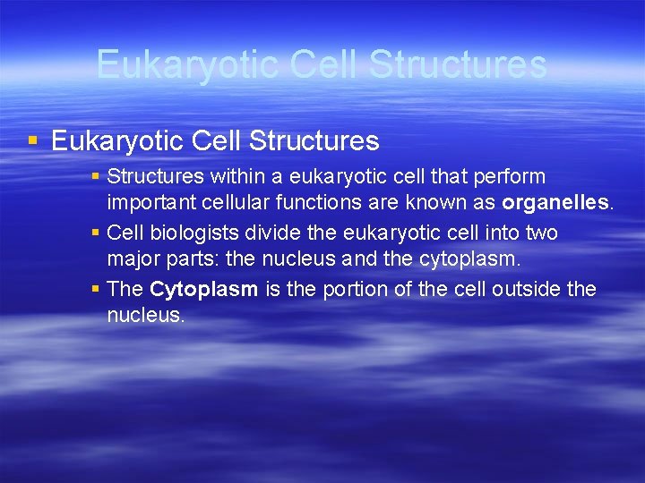 Eukaryotic Cell Structures § Structures within a eukaryotic cell that perform important cellular functions