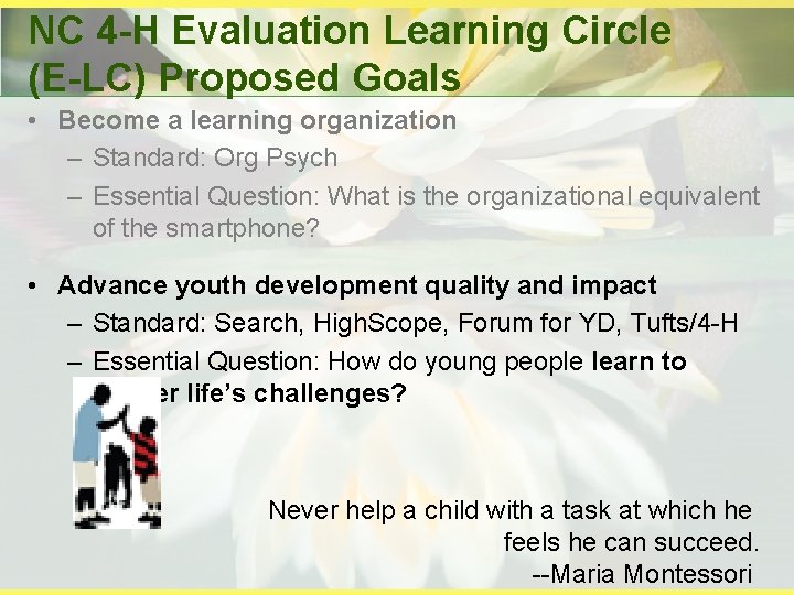 NC 4 -H Evaluation Learning Circle (E-LC) Proposed Goals • Become a learning organization