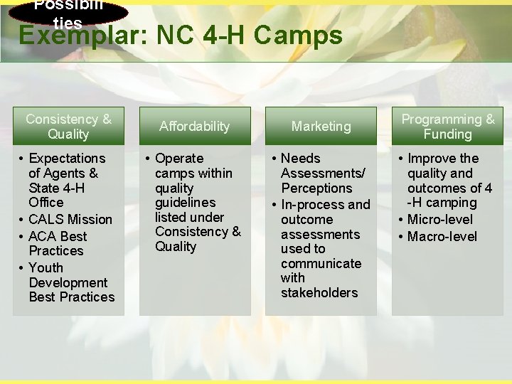Possibili ties Exemplar: NC 4 -H Camps Consistency & Quality • Expectations of Agents