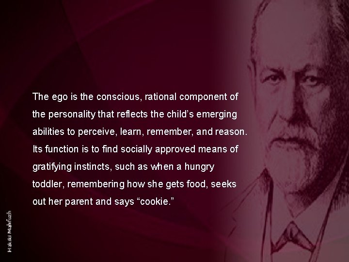 The ego is the conscious, rational component of the personality that reflects the child’s